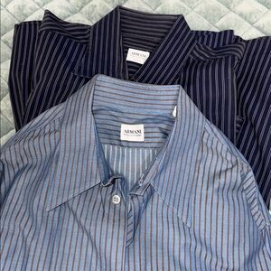 Armani Collezioni Blue and Black Striped Casual Button Down Shirts